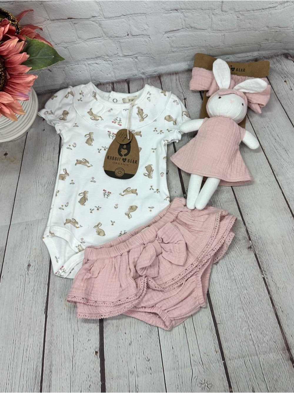 NWT Rabbit & Bear 4pc Set bodysuit bottoms headband & bunny doll cottagecore